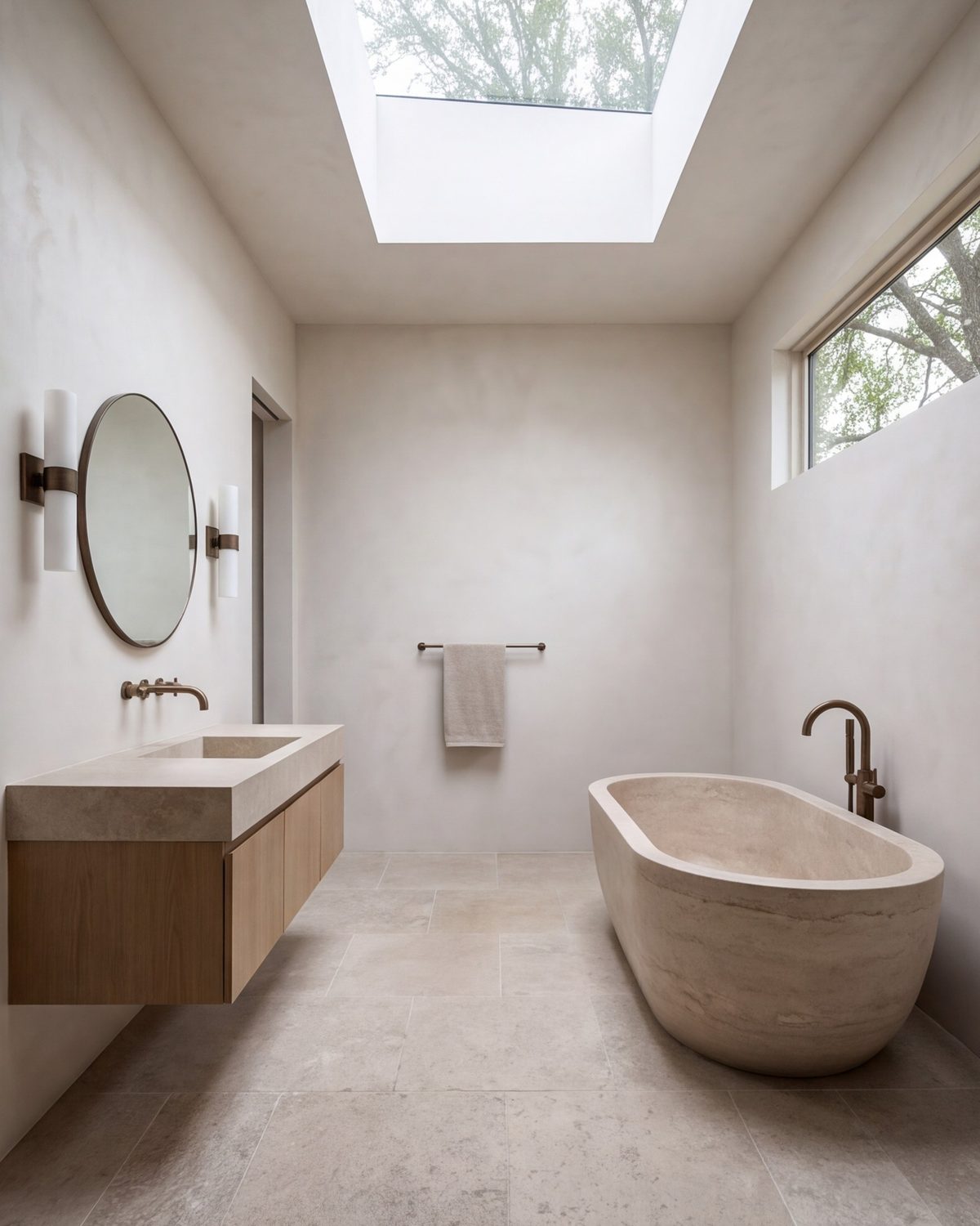 Calm bathroom with plaster walls, a matte stone floor and morning light from a skylight