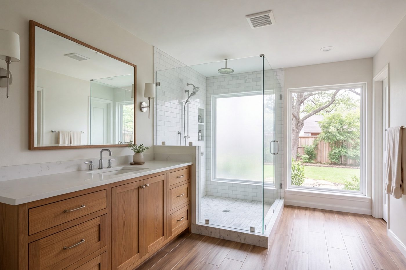 Primary bathroom in a remodeled ranch house with a walk-in shower and warm oak vanity