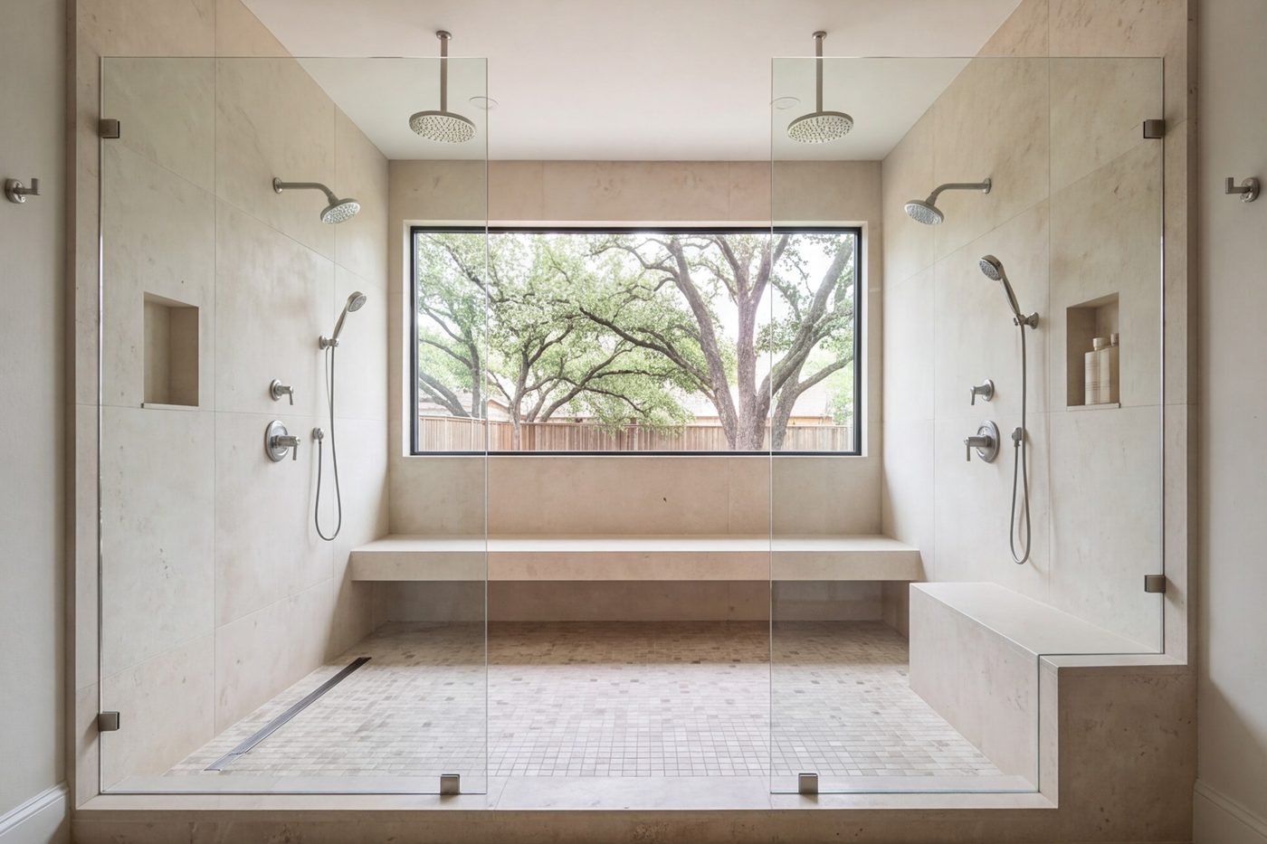 Open walk-in shower with a built-in bench and pale stone walls in a full bathroom