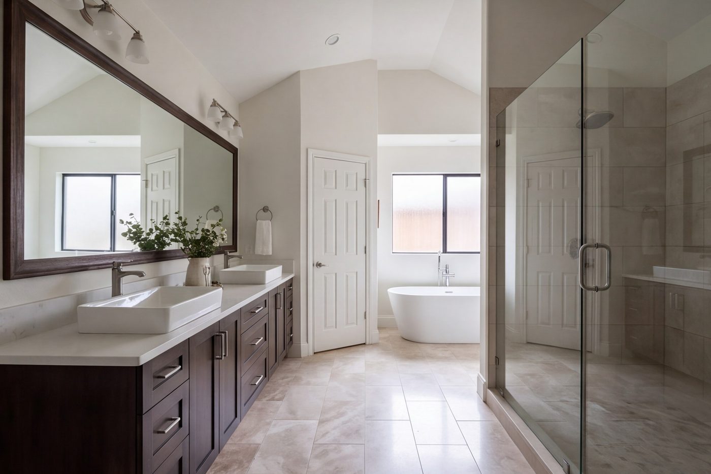 Large primary bath with a double wood vanity, walk-in shower and a soaking tub in daylight