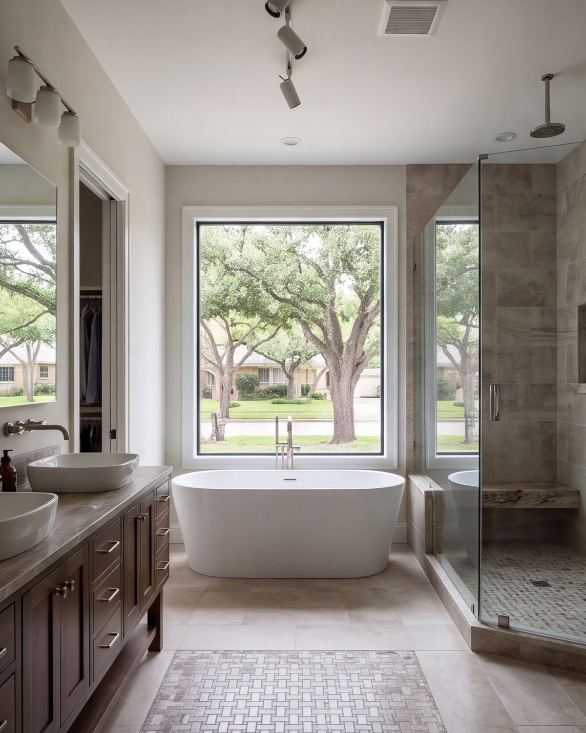 Primary bathroom with matte stone floor, freestanding tub and a glass walk-in shower in soft daylight