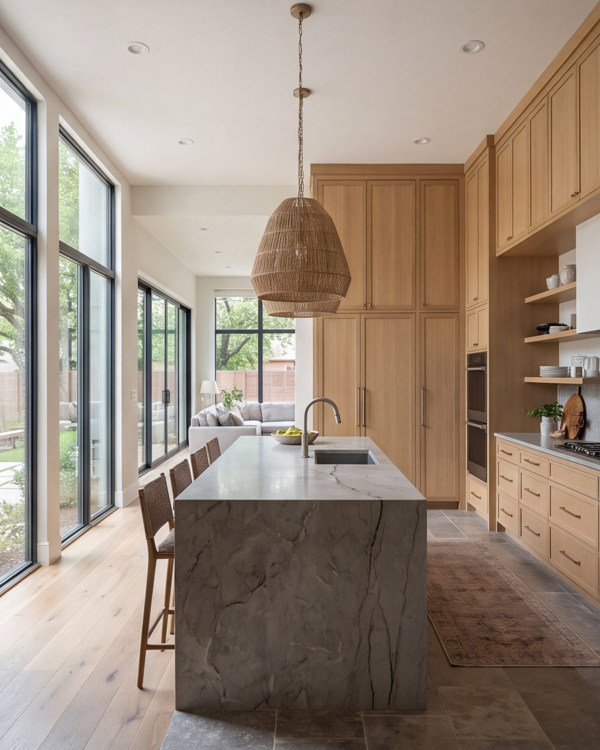 Wide kitchen with natural wood cabinets, a stone island and tall windows opening to the living room